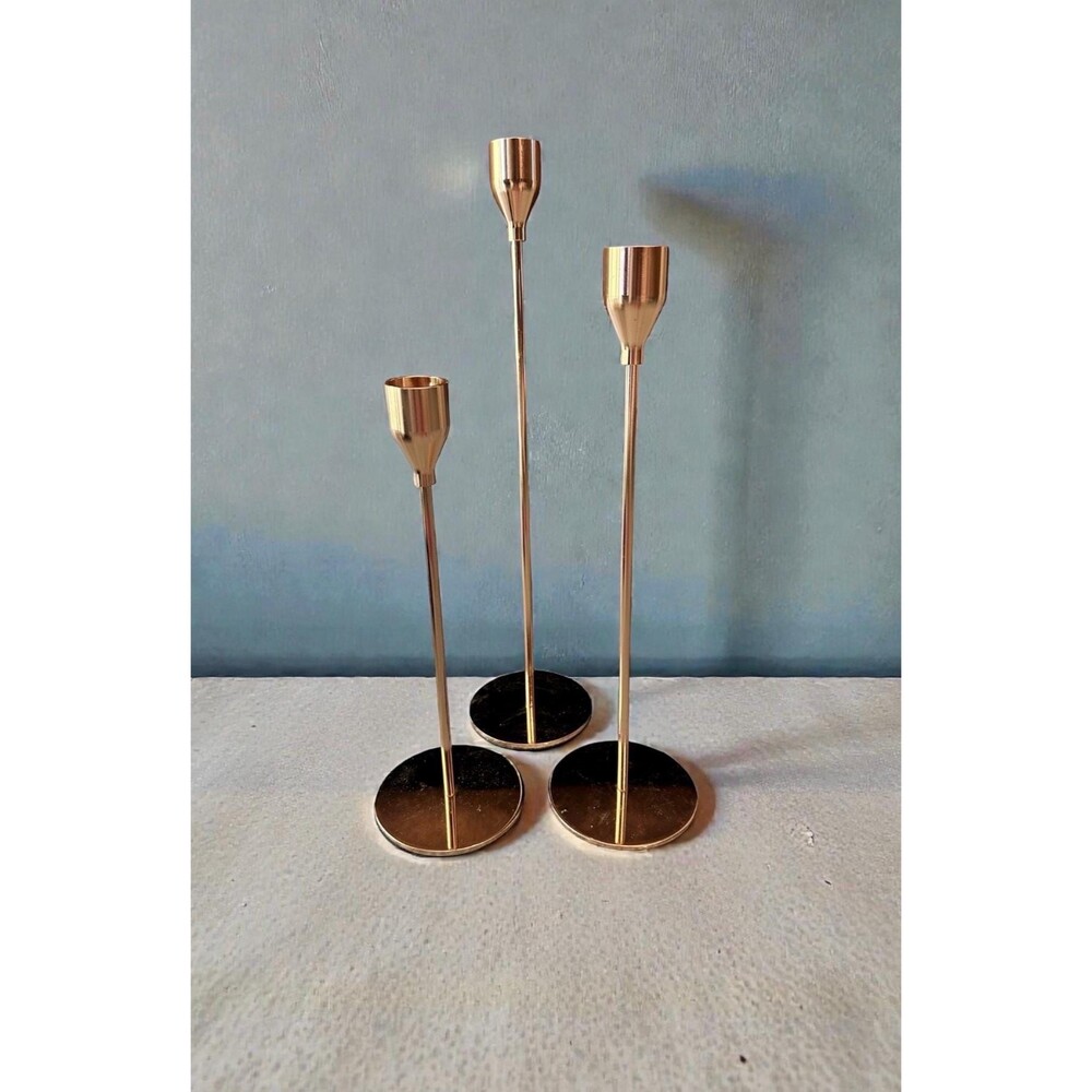 Gold Metal Taper Candle Holders • Slim Modern Brass-Style Candlesticks- Set of 3